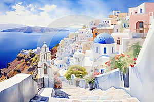 Santorini, Greece. AI generated waterwashed illustration, painting style, famous whitewashed village of Oia