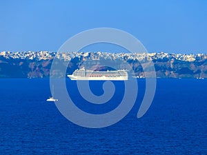 Santorini, Greece. The beautiful view of marina with cruise ship