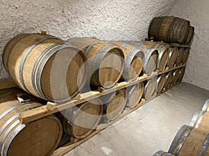 Santorini Greece European Cellar with Stacked Brown Wine barrels