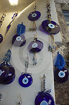 Santorini, Greece : Evil Eye beads pendants and trinkets in The main commercial street