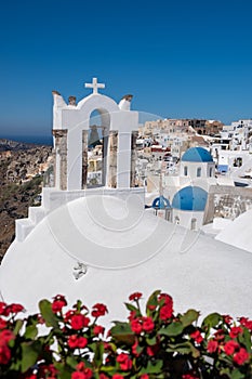 Santorini, Greece. Picturesq view of traditional cycladic Santorini houses on small street with flowers in foreground