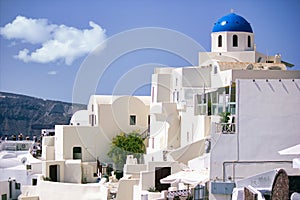 Santorini, Greece - September 11, 2017: Oia Village in Cycladic Architecture style in Santorini, Greece against clear blue sky