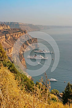 Santorini, Greece: view of Fira cliffs and the volcano caldera