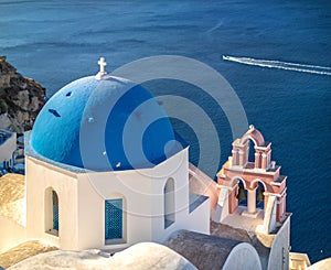 Santorini island church, with sea and boat