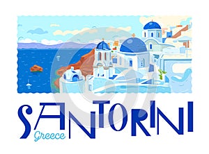 Greece, Santorini. Traditional white architecture and Greek Orthodox churches. Vector illustration