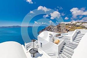 Santorini island in Greece. Beautiful vacation and summer holiday background concept. Travel, tourism destination, luxuriy