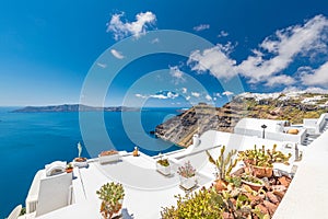 Santorini island in Greece. Beautiful vacation and summer holiday background concept. Travel, tourism destination, luxuriy