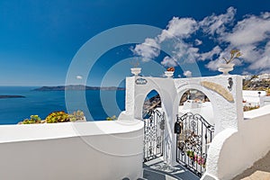 Santorini island in Greece. Beautiful vacation and summer holiday background concept. Travel, tourism destination, luxuriy