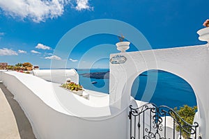 Santorini island in Greece. Beautiful vacation and summer holiday background concept. Travel, tourism destination, luxuriy