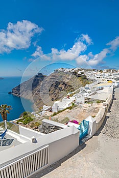 Santorini island in Greece. Beautiful vacation and summer holiday background concept. Travel, tourism destination, luxuriy