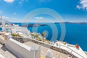 Santorini island in Greece. Beautiful vacation and summer holiday background concept. Travel, tourism destination, luxuriy