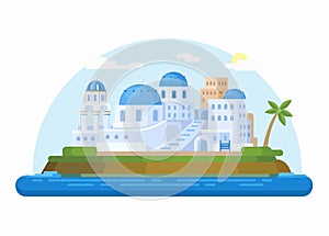 Santorini Island, Greece. Blue Domes Churches And Traditional House Flat Cartoon illustration Vector