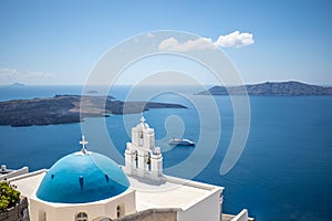 Santorini island, Greece, local church, blue white architecture panoramic landscape. Famous travel destination, summer vacation