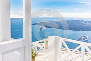 Santorini island, Greece. White gate with sea view. Famous travel destination, luxury greek resort.