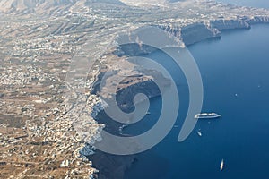 Santorini island holidays in Greece travel traveling Fira Thera town Mediterranean Sea aerial photo view Santorin