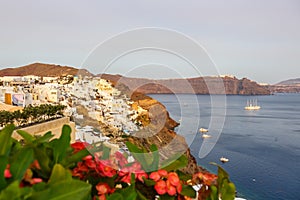 Santorini island holidays in Greece travel traveling Oia town Mediterranean Sea evening Santorin