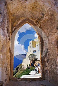 Santorini island through an old Venetian window