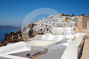 Santorini island, typical white architecture, caldera view, Imerovigli, Greece, travel background