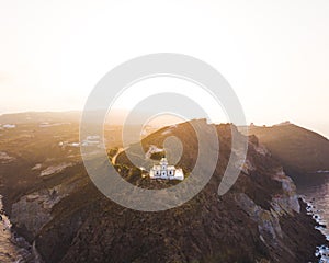 Santorini Lighthouse Aerial Shot Sunrise Dramatic Travel Landscape