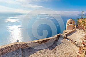 Santorini, Oia. Panoramic view of the historic chapel in the ruins of the castle