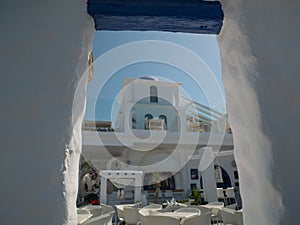 Santorini style building white and blue colors