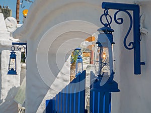 Santorini style building white and blue colors