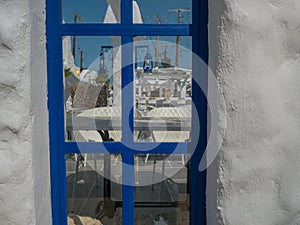 Santorini style building white and blue colors