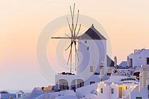 Santorini sunset windmill closeup