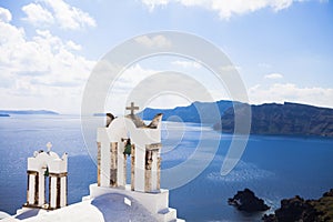 Santorini white church and caldera view