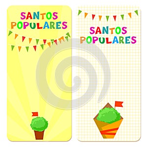 Santos Populares Popular Saints holiday template cards. Vector illustrations with bunting garlands and manjerico basil plants