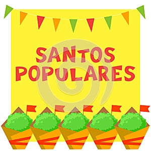Santos Populares Portuguese festival card with manjerico plants and bunting garland photo
