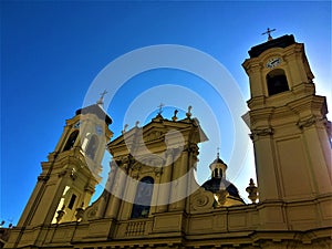 Santuario di Nostra Signora della Rosa in Santa Margherita Ligure town, Italy. Art, architecture, history, blue sky, sunny day