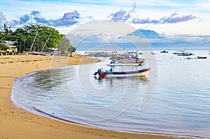 Sanur beach and Mount Agung volcano at sunrise, Bali, Indonesia