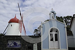 SAO MIGUEL, AZORES, PORTUGAL, EUROPE, SPRING. Moinho do Pico Vermelho and hermitage of the Chapel of Santo Antonio photo