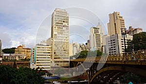 SAO PAULO, BRAZIL - MAY 16, 2019: Santa Ifigenia viaduct on downtown cityscape of Sao Paulo