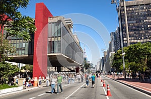 Paulista Avenue closed to cars on sunday and MASP Sao Paulo Museum of Art - Sao Paulo, Brazil