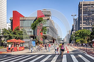 Paulista Avenue closed to cars on sunday and MASP Sao Paulo Museum of Art - Sao Paulo, Brazil