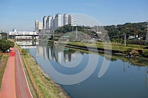 Sao Paulo/Brazil: Tiete river, cityscape and buildings