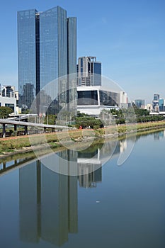 Sao Paulo/Brazil: Tiete river, cityscape and buildings