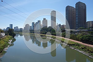 Sao Paulo/Brazil: Tiete river, cityscape and buildings