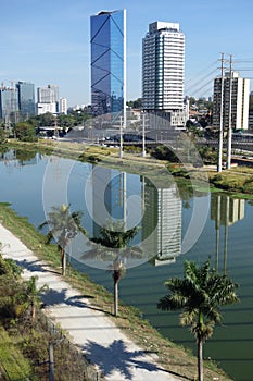 Sao Paulo/Brazil: Tiete river, cityscape and buildings