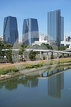 Sao Paulo/Brazil: Tiete river, cityscape and buildings photo