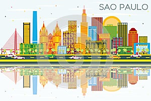 Sao Paulo Skyline with Gray Buildings, Blue Sky and Reflections.