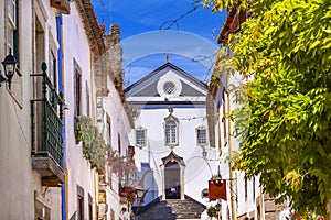 Sao Pedro Church Narrow White Street Obidos Portugal