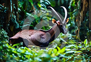 Saola animal in green forest, rare protected animal