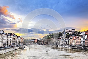 Saone river in Lyon city at sunset