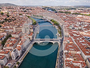 Saone river in Lyon, France, aerial view