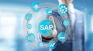 SAP - Business process automation software. ERP enterprise resources planning system concept on virtual screen.