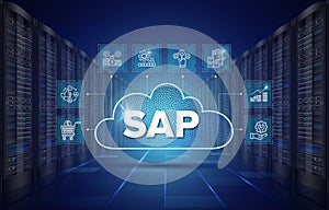 SAP Cloud Server System Software Automation - Enterprise Resource Planning (ERP) construction concept on virtual screen.