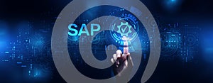 SAP software business process automation. ERP enterprise resource planning system on virtual screen